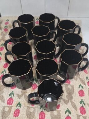 Black Octagonal Ceramic Mugs with Gold Trim - Set of 12